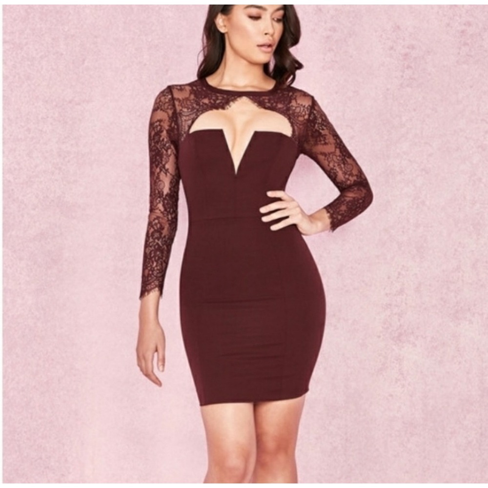 House of CB London Raisin Lace Dress Bodycon‎ Cutout Size Small Burgundy Plum